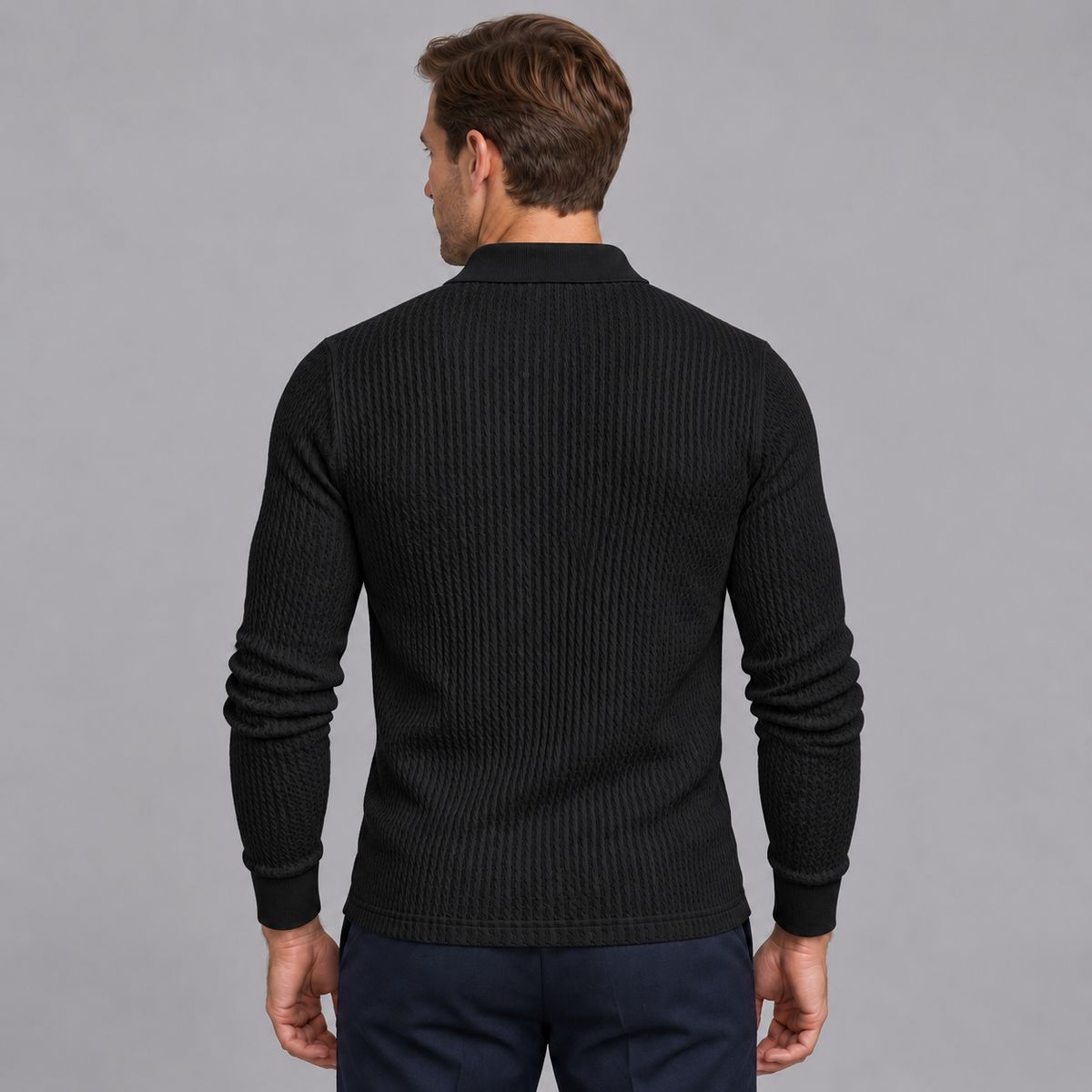 Men's Ribbed Long-Sleeve Polo Sweater – Slim Fit