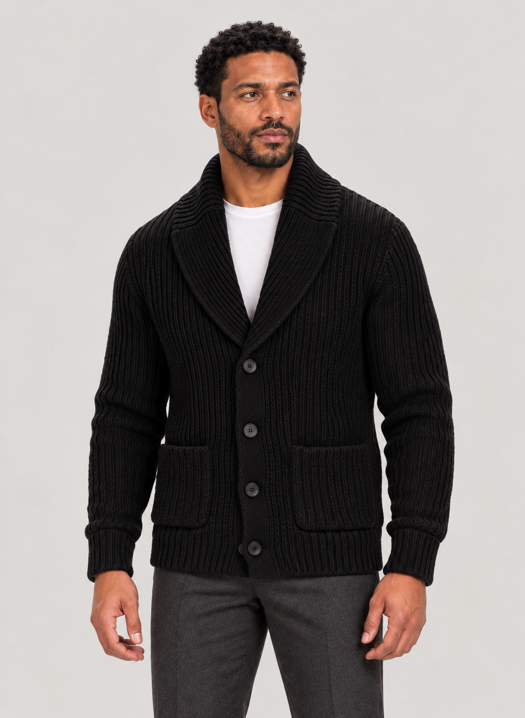 Men’s Shawl Collar Cardigan with Ribbed Knit and Button Front