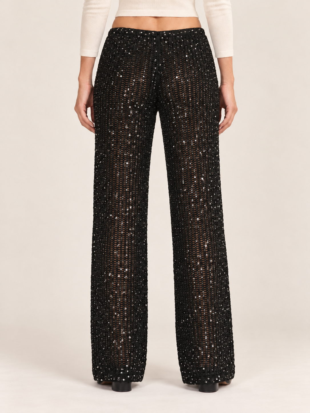 Women's Sequin Crochet Wide-Leg Trousers – Drawstring Waist