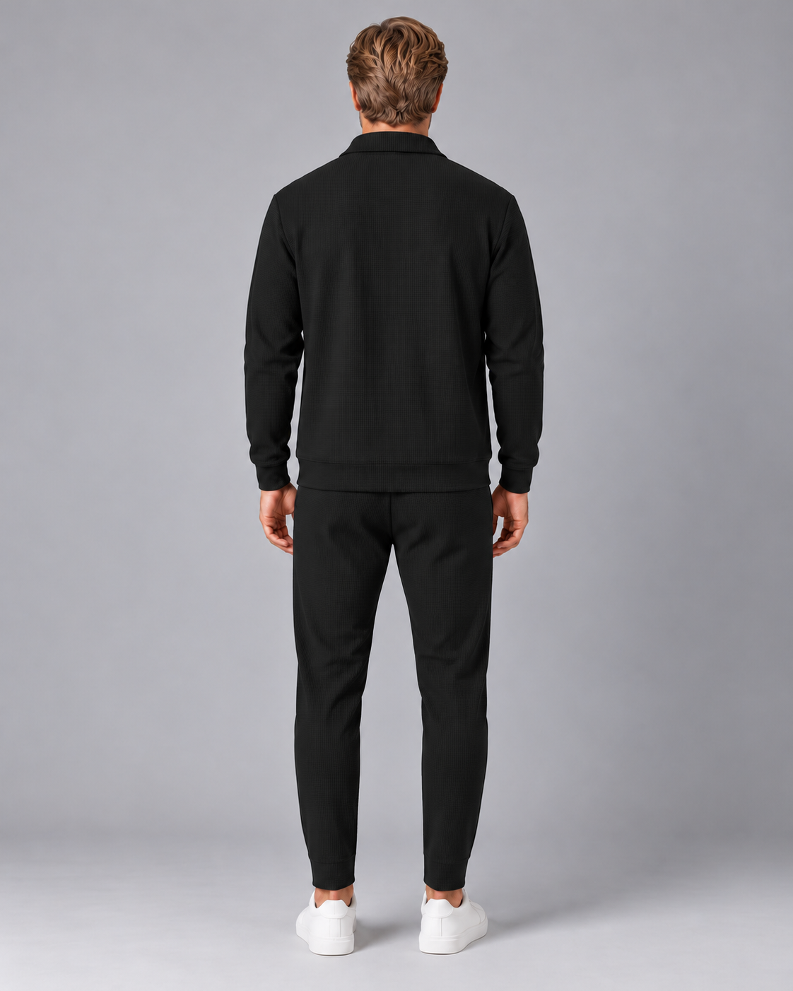 Men's Waffle Tracksuit Set – Collared Zip Jacket & Trousers