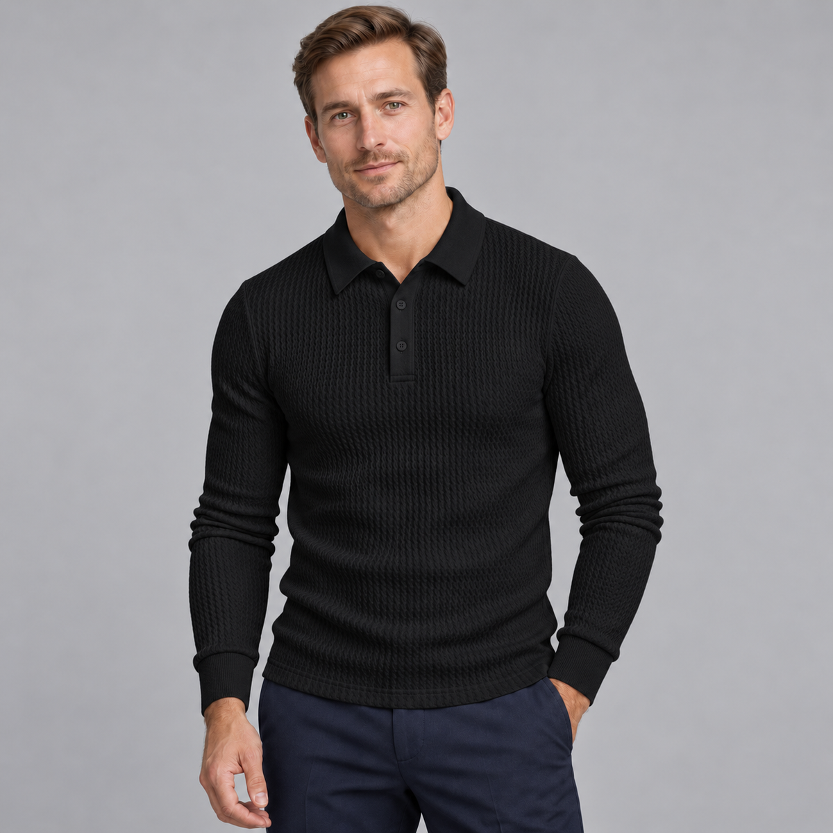Men's Ribbed Long-Sleeve Polo Sweater – Slim Fit