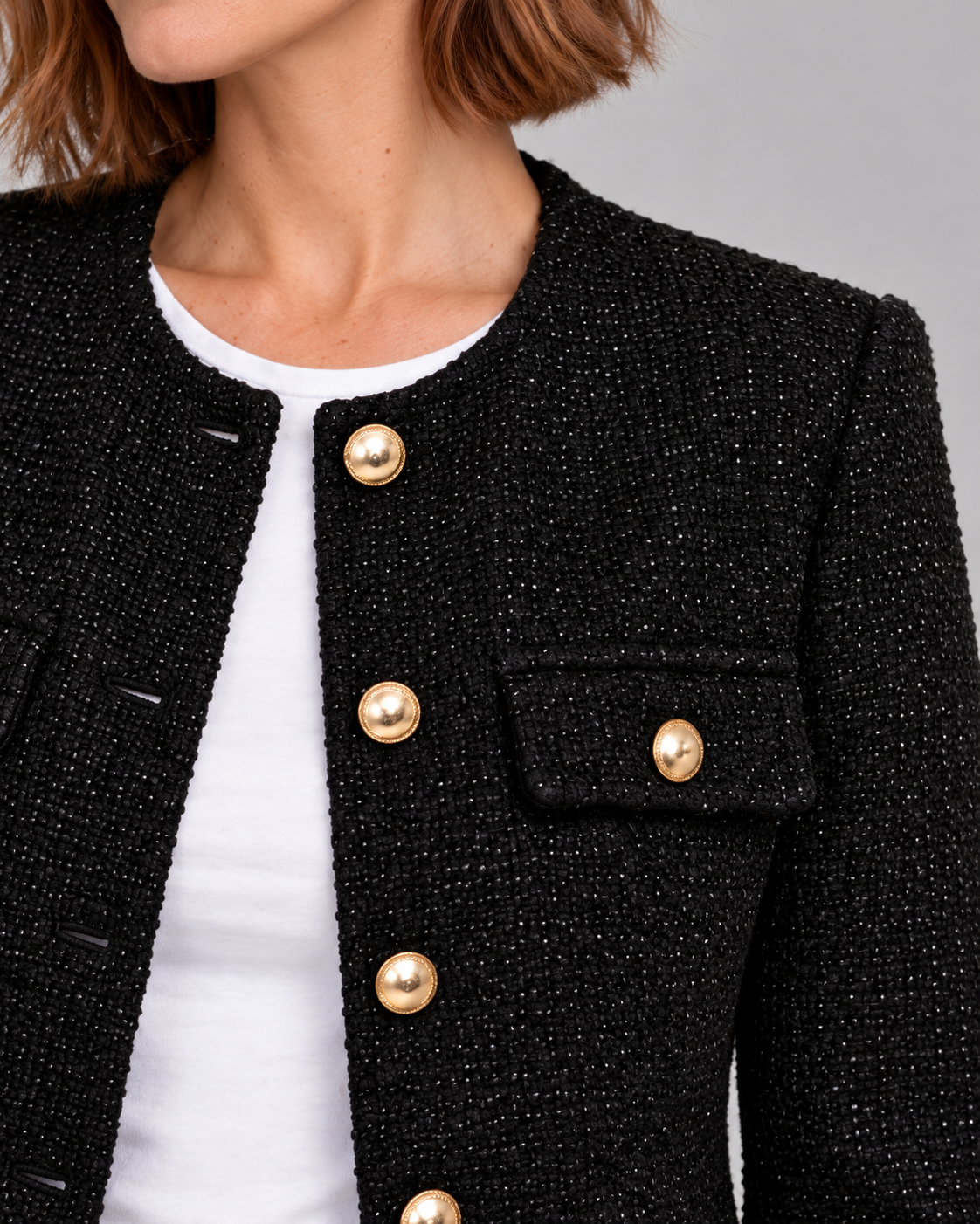 Women’s Cropped Tweed Jacket – Gold Button Blazer