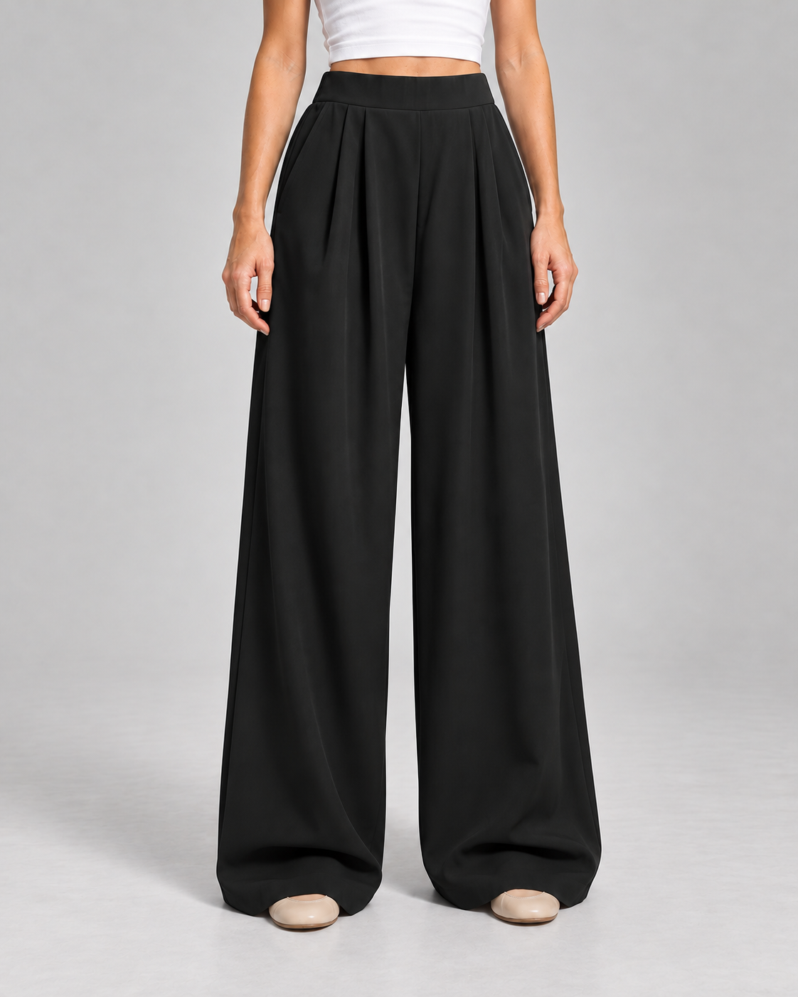 Ladies Wide Leg Trousers – High Waisted Pleated Style with Pockets