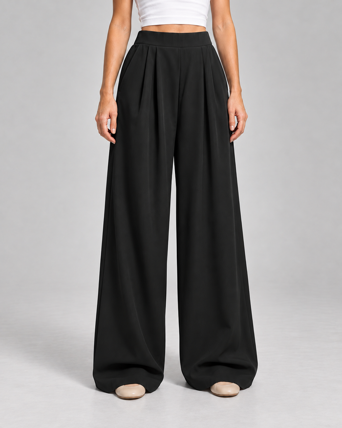 Ladies Wide Leg Trousers – High Waisted Pleated Style with Pockets