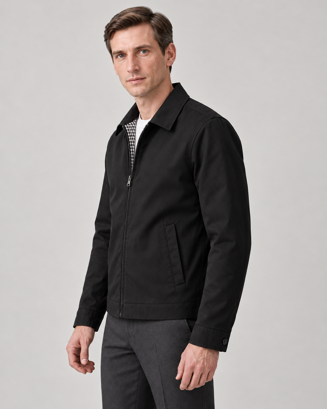 Men’s Lightweight Zip Jacket with Point Collar and Checked Lining