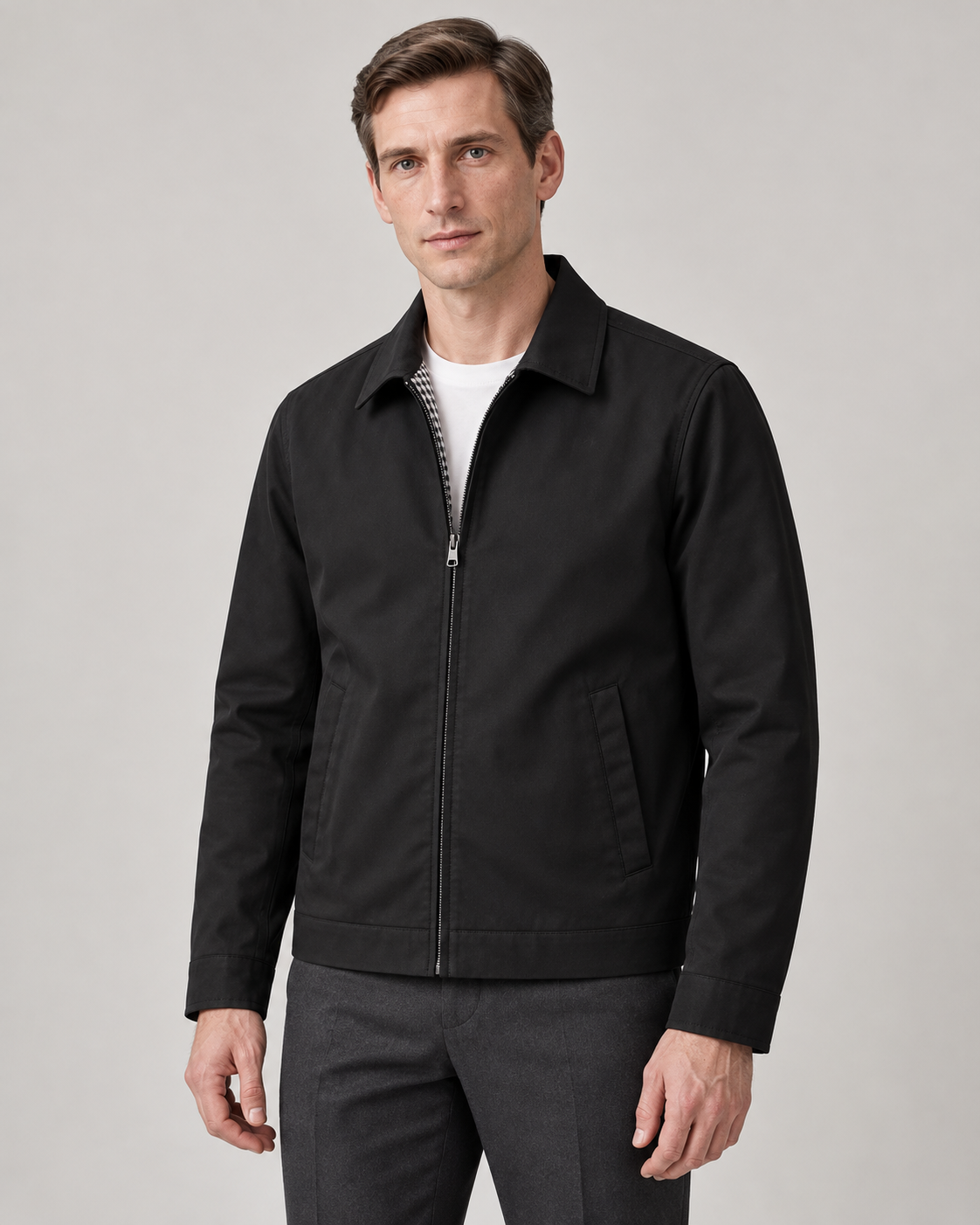 Men’s Lightweight Zip Jacket with Point Collar and Checked Lining