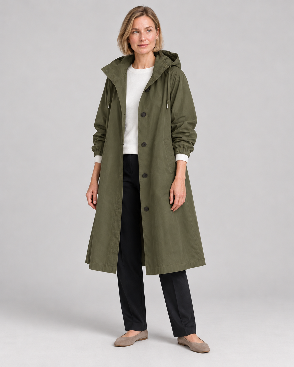 Waterproof Coat for Ladies – Long Hooded Raincoat with Button Front and Pockets