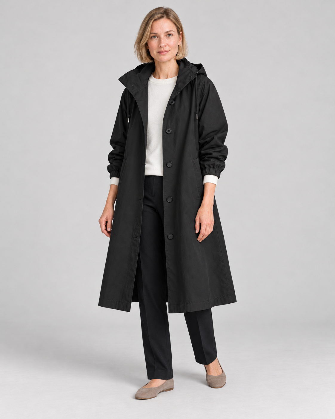 Waterproof Coat for Ladies – Long Hooded Raincoat with Button Front and Pockets
