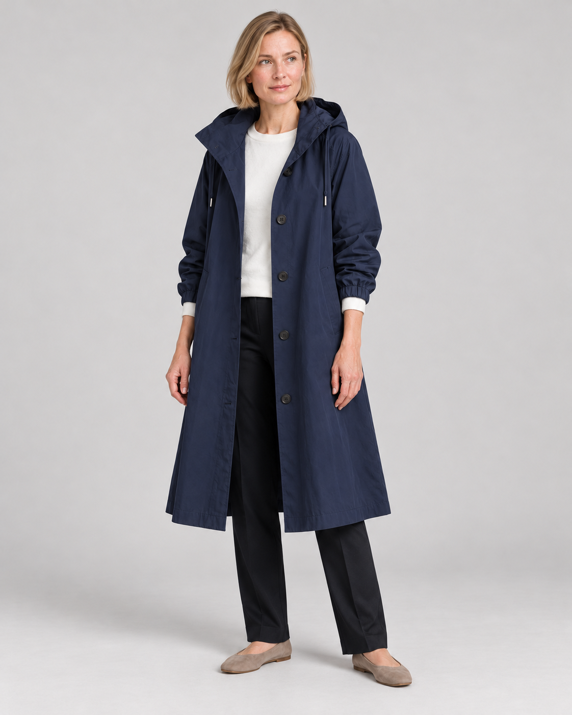 Waterproof Coat for Ladies – Long Hooded Raincoat with Button Front and Pockets