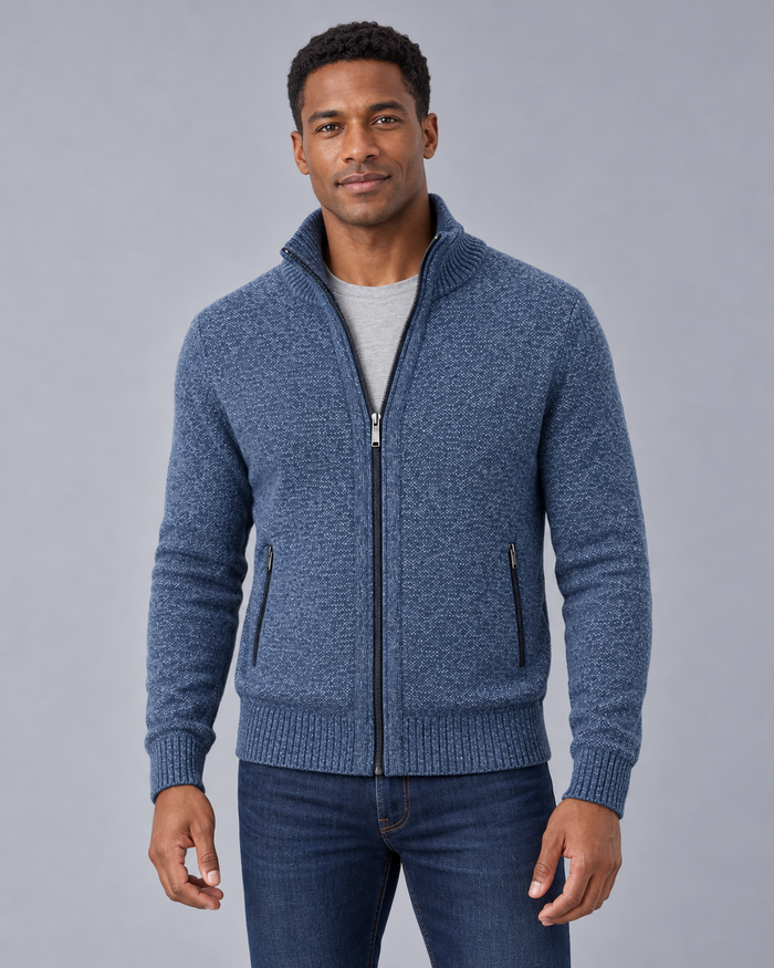 Men's Merino Wool Full-Zip Cardigan – Stand Collar & Zip Pockets
