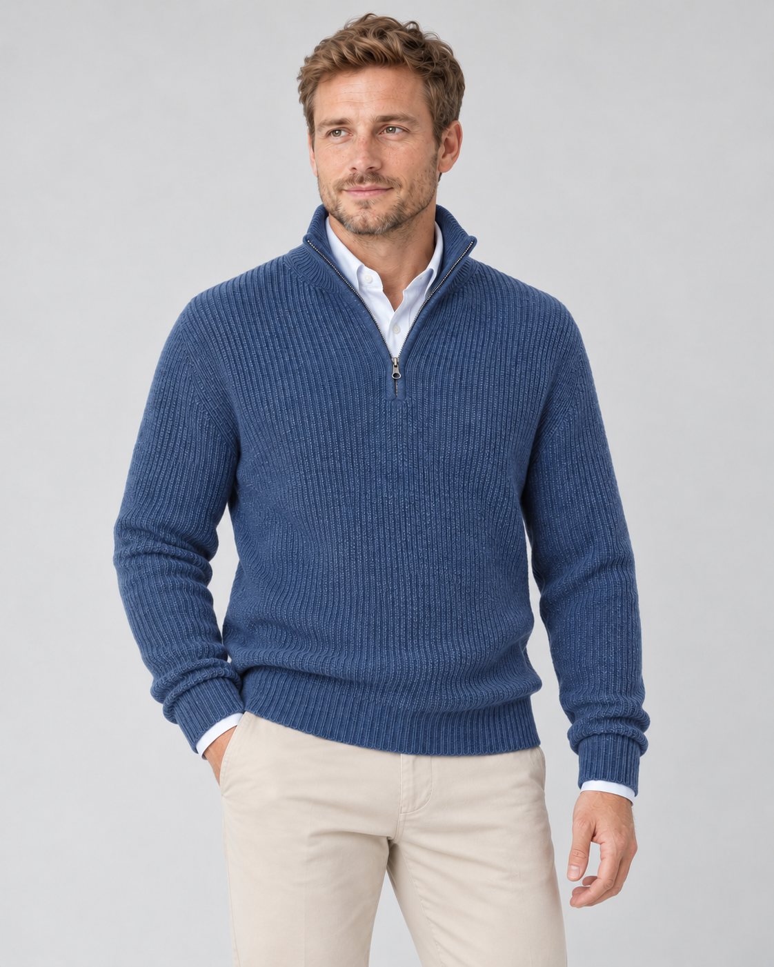 Men's Cashmere Quarter-Zip Jumper – Ribbed Knit & High Collar