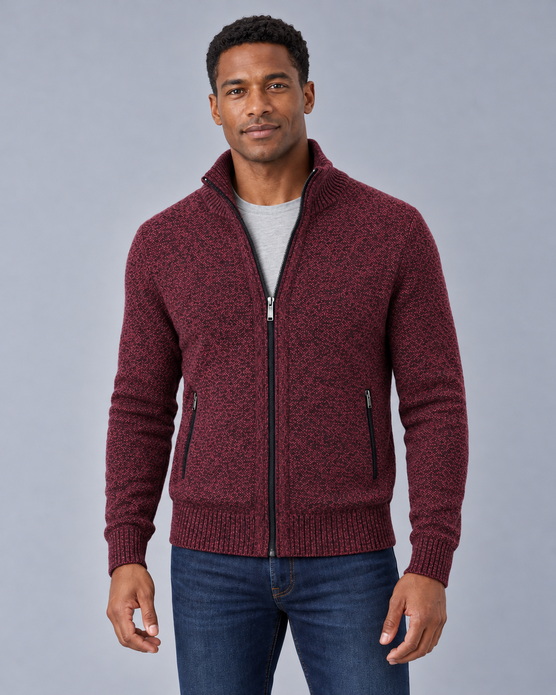 Men's Merino Wool Full-Zip Cardigan – Stand Collar & Zip Pockets