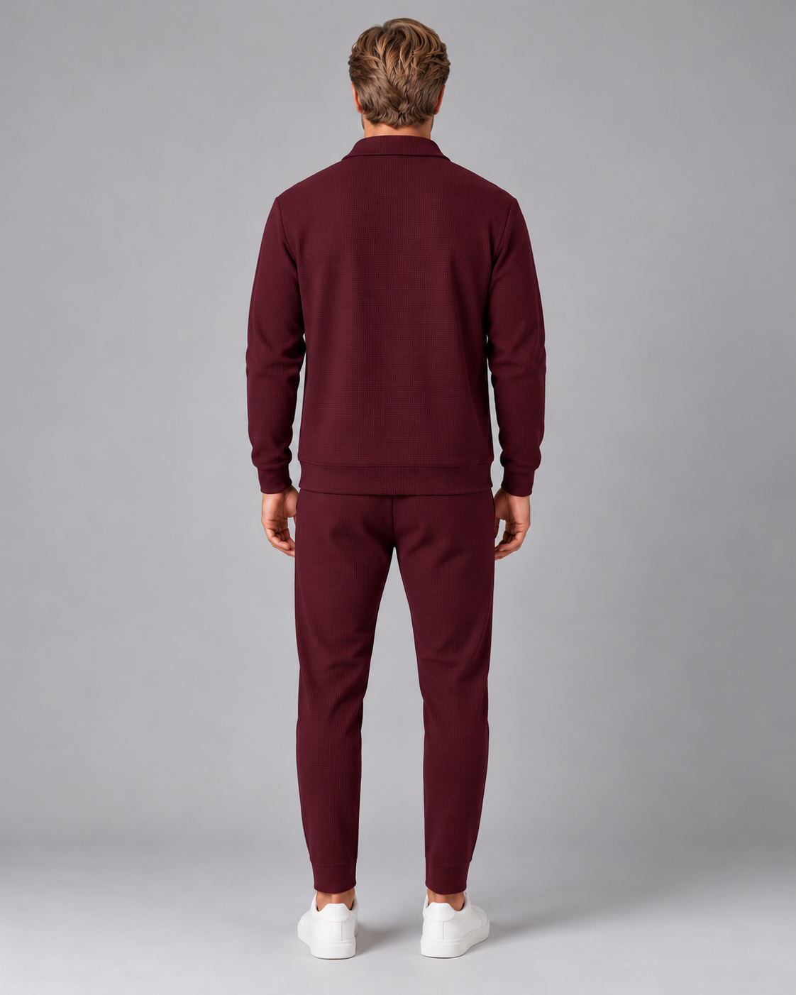 Men's Waffle Tracksuit Set – Collared Zip Jacket & Trousers