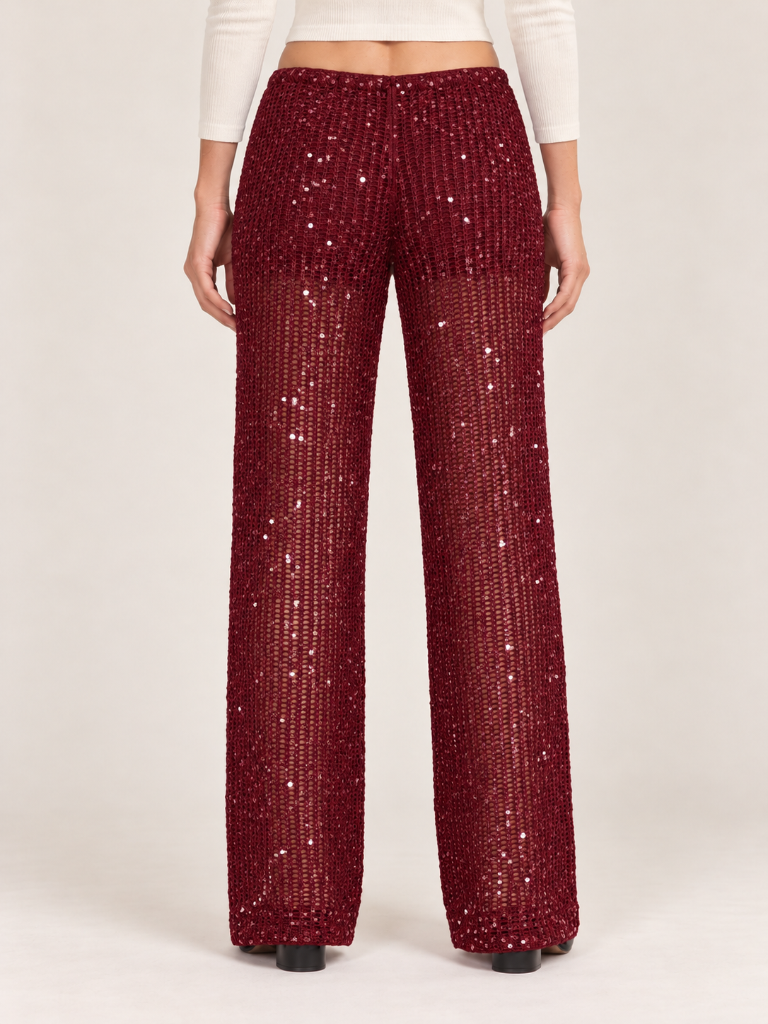 Women's Sequin Crochet Wide-Leg Trousers – Drawstring Waist