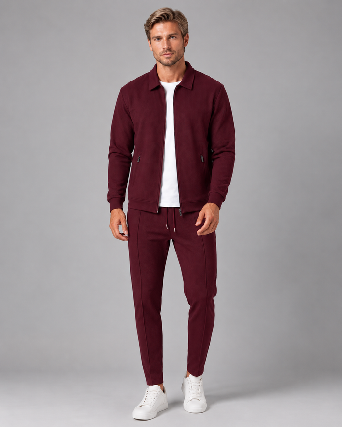 Men's Waffle Tracksuit Set – Collared Zip Jacket & Trousers