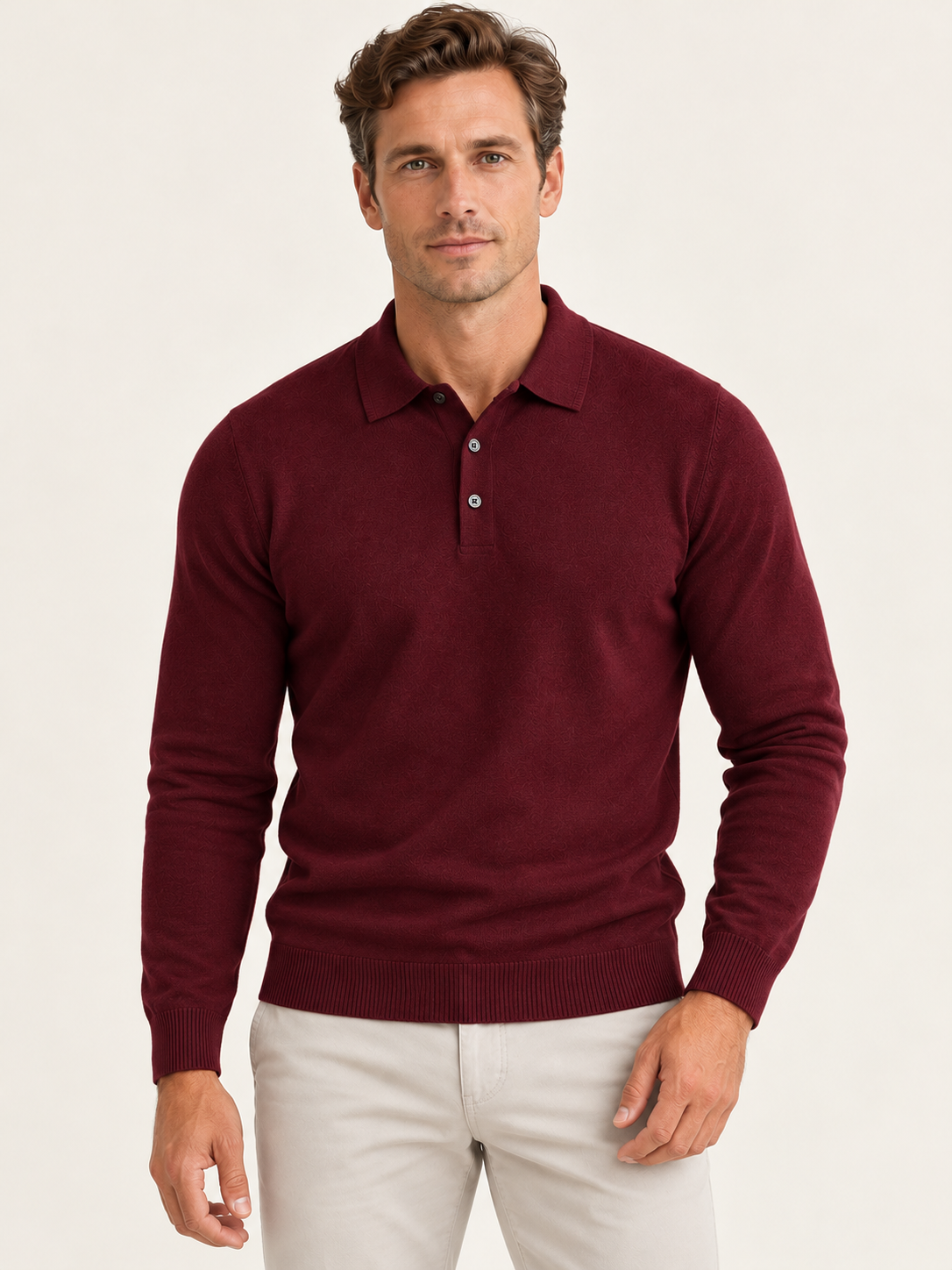 Men’s Long-Sleeve Knitted Polo Shirt – Button Placket & Ribbed Trims