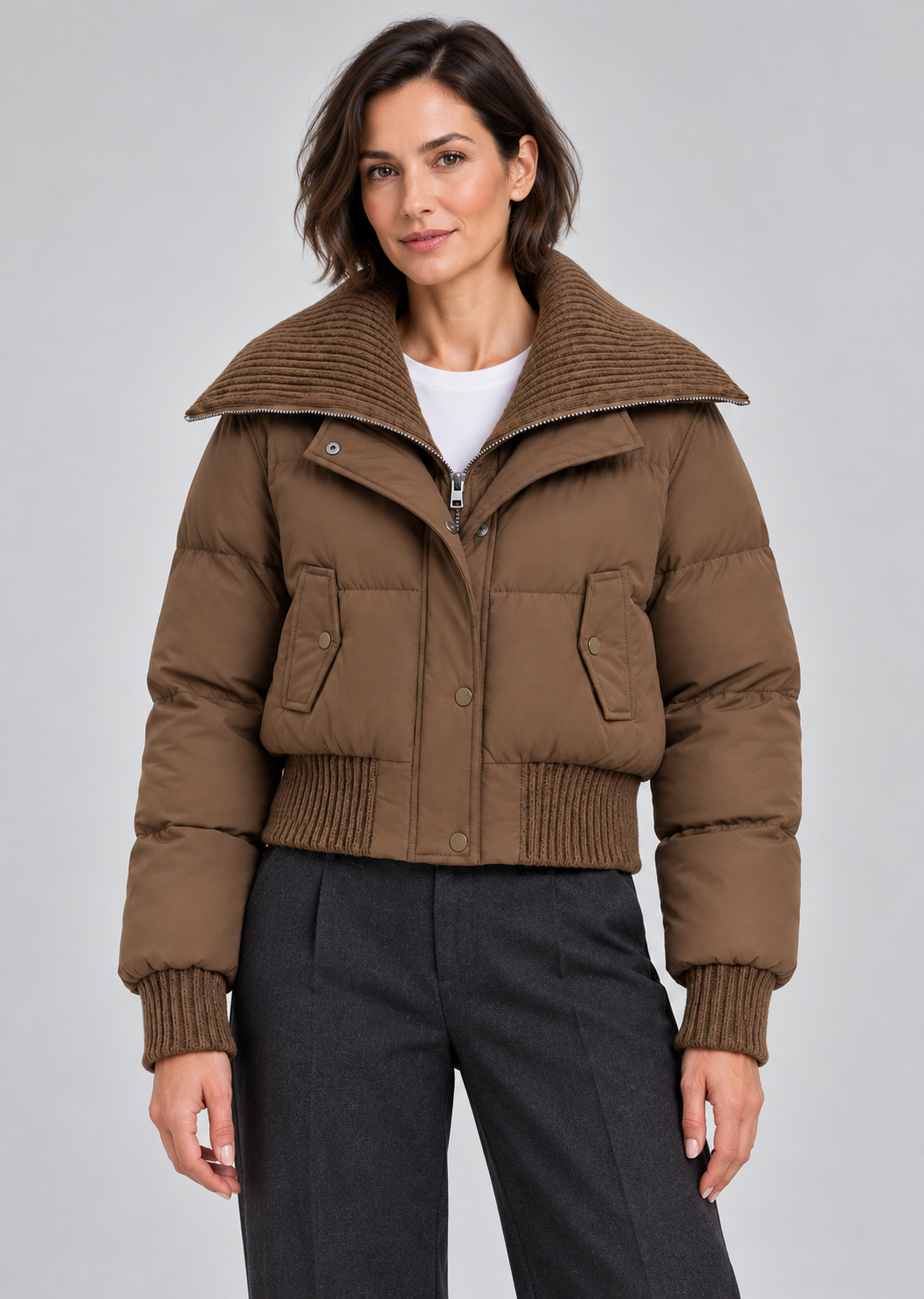 Women’s Puffer Jacket With Ribbed Knit Collar