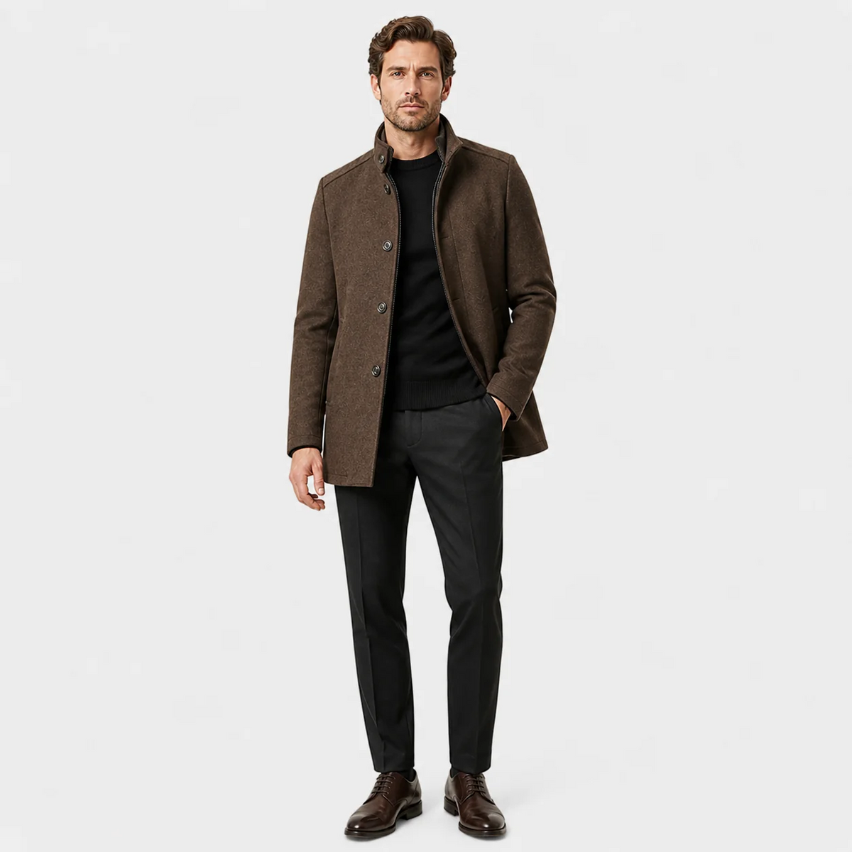 Men’s Wool-Blend Overcoat – Stand Collar & Vest Panel