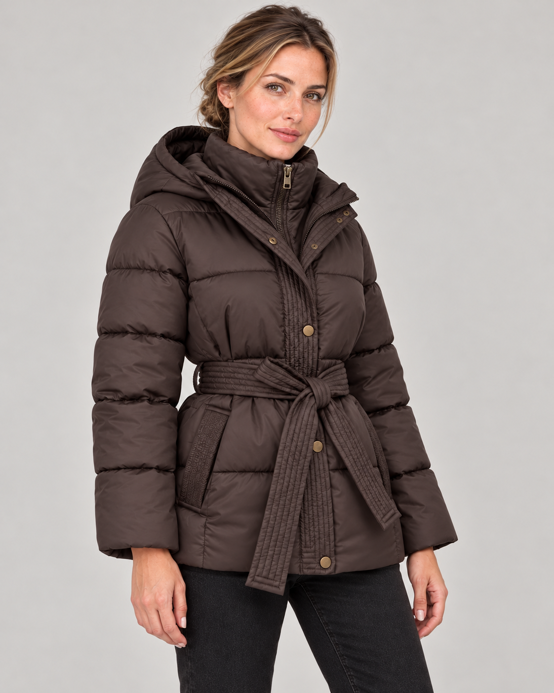 Women’s Hooded Puffer Jacket with Tie Belt and Quilted Finish