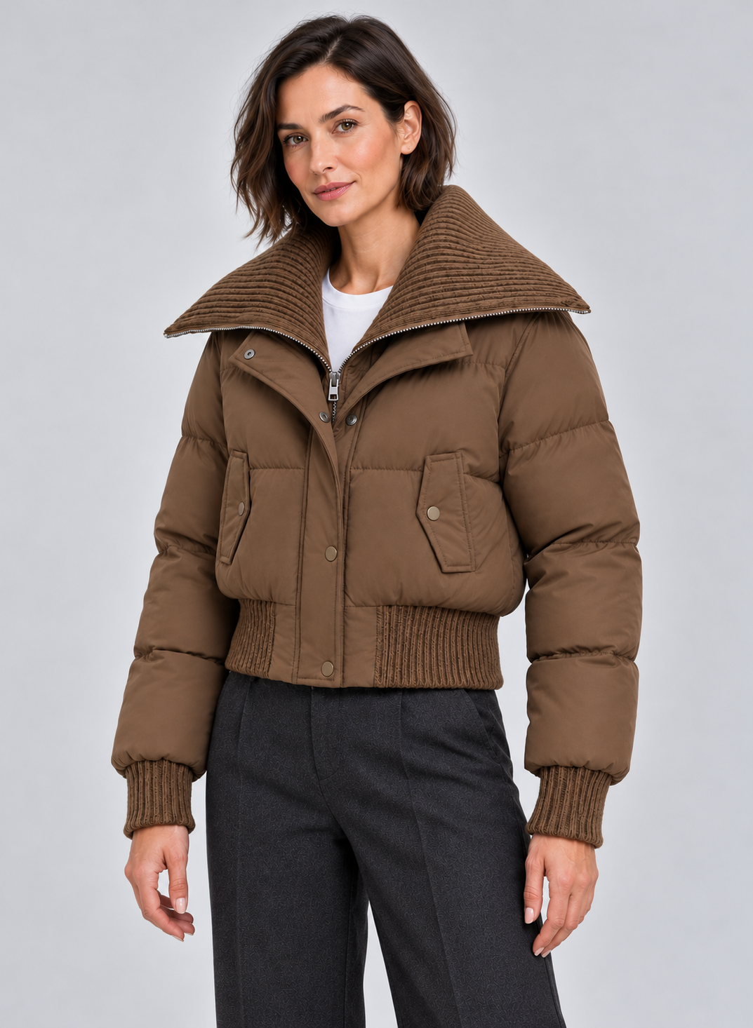 Women’s Puffer Jacket With Ribbed Knit Collar