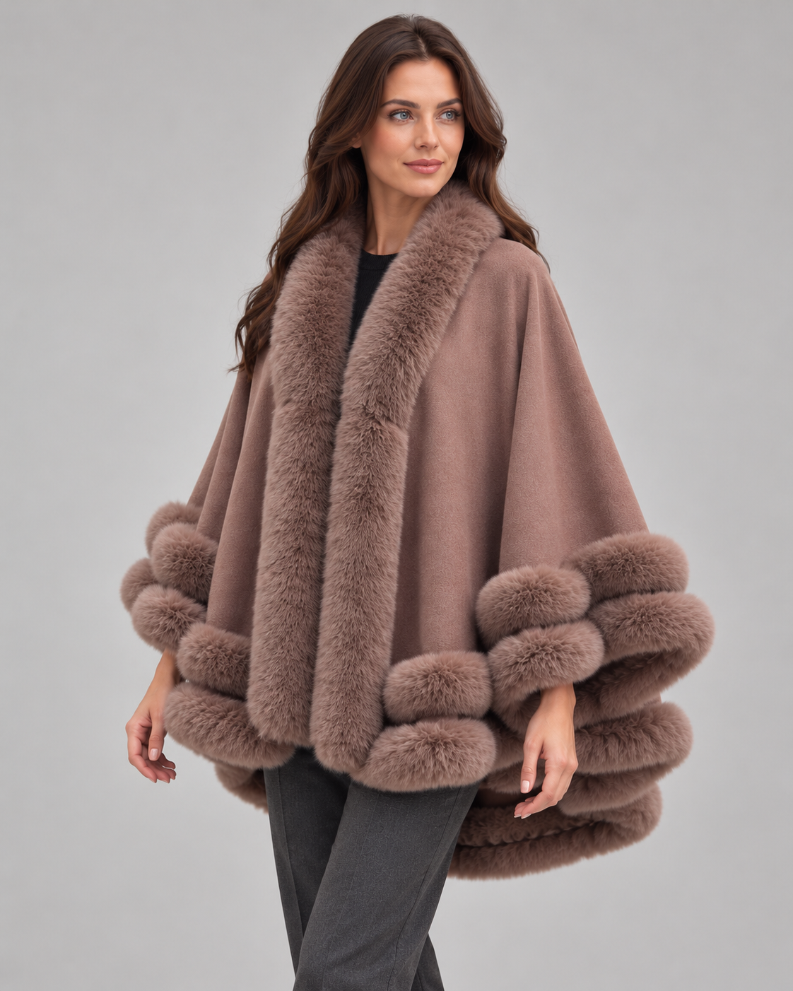 Women’s Cape Coat With Faux Fur Trim