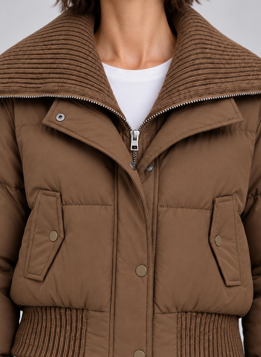 Women’s Puffer Jacket With Ribbed Knit Collar