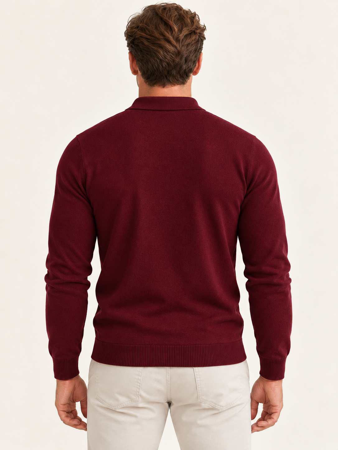 Men’s Long-Sleeve Knitted Polo Shirt – Button Placket & Ribbed Trims