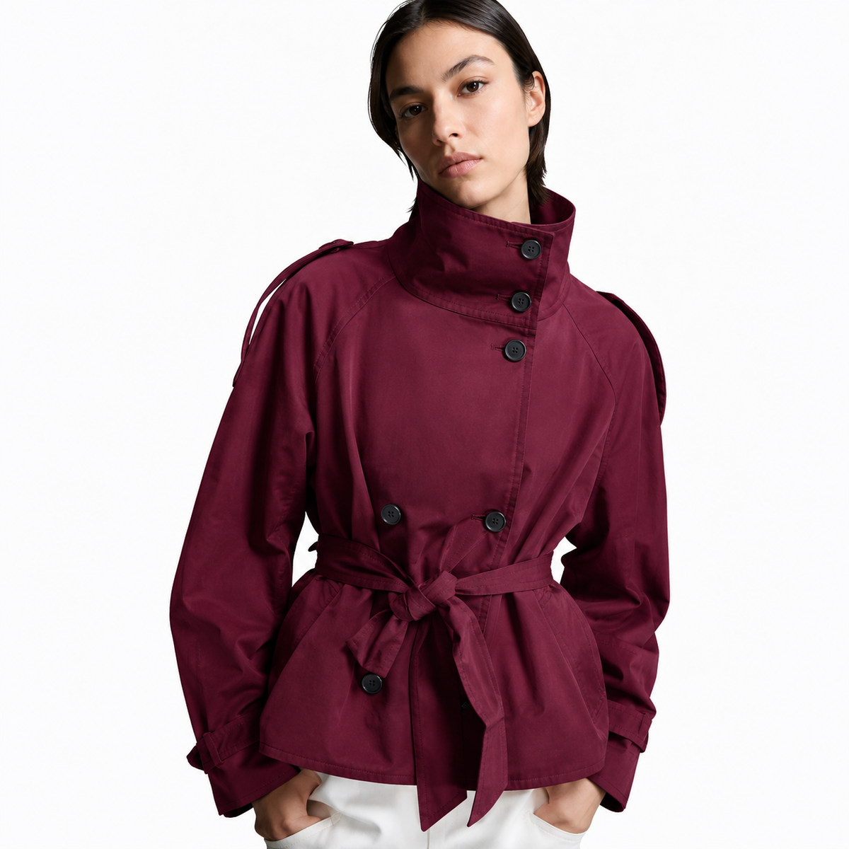 Women's Cropped Trench Coat – Double-Breasted Belted Jacket