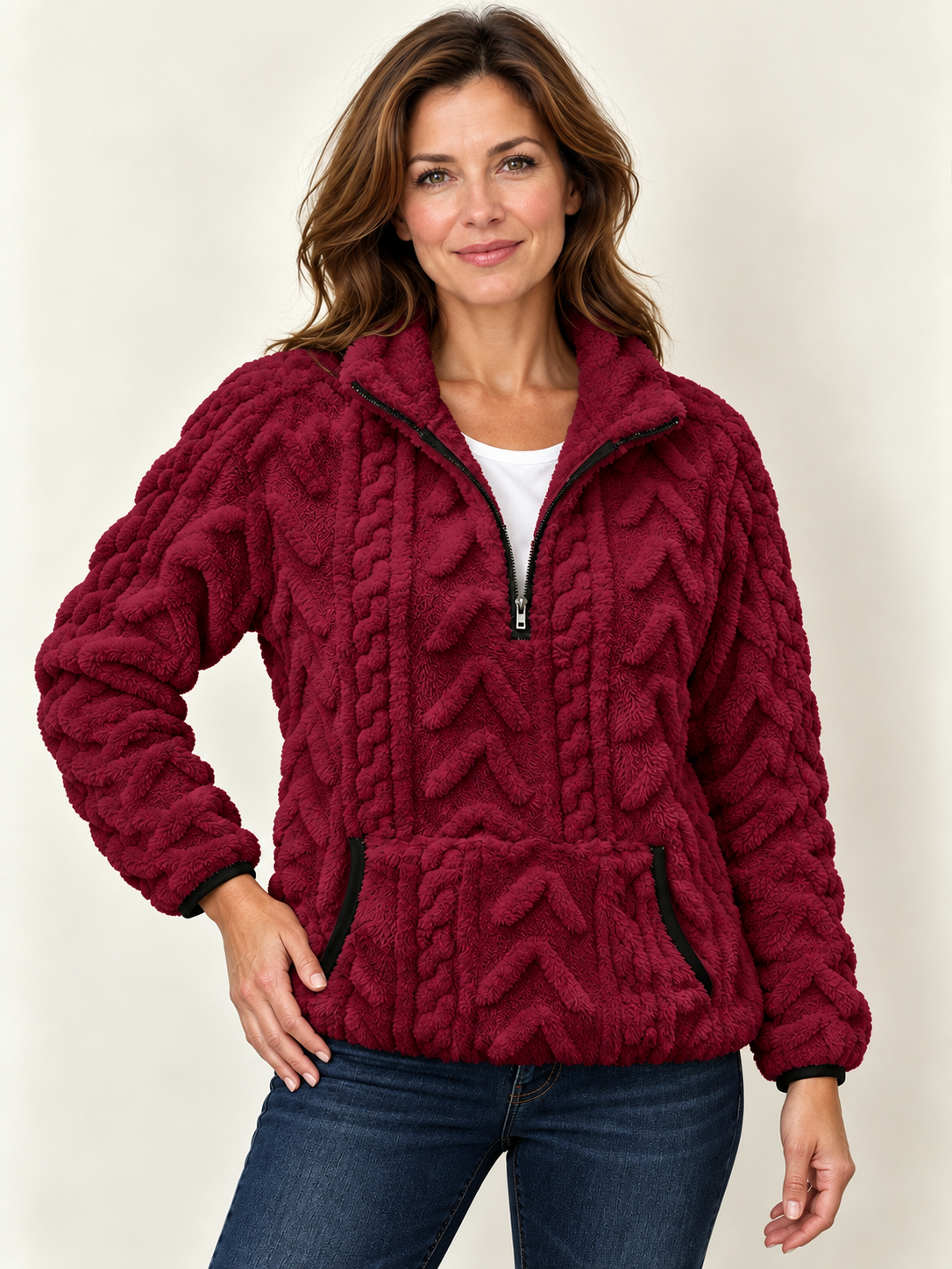 Women’s Half-Zip Fleece Jumper – Textured & Kangaroo Pocket