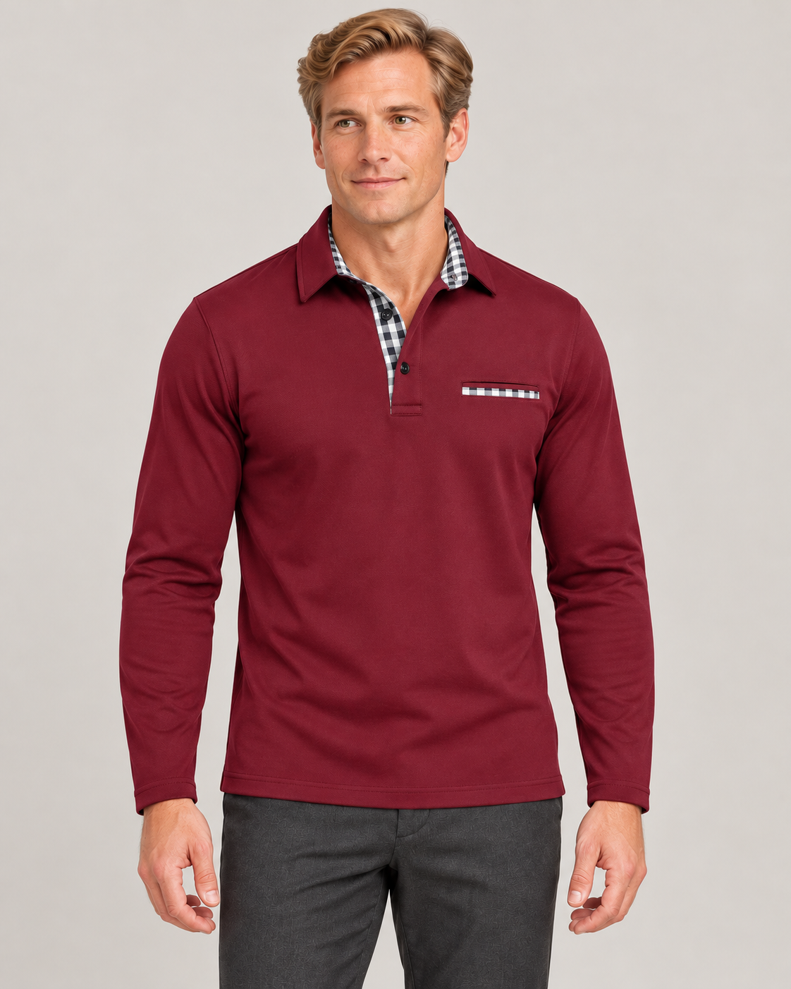 Men’s Long Sleeve Polo Shirt in Cotton Blend with Check Trim