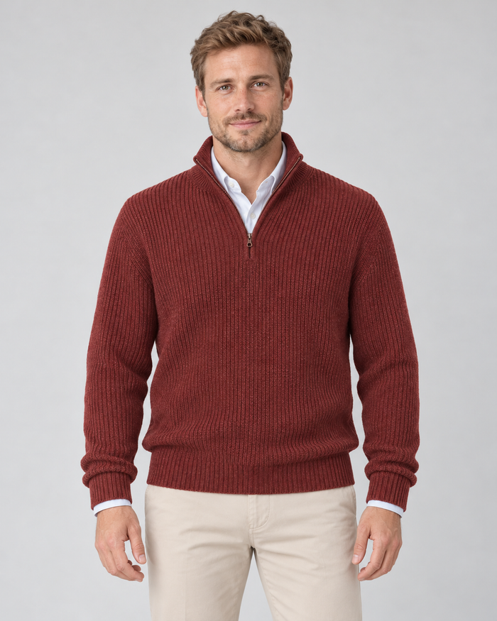 Men's Cashmere Quarter-Zip Jumper – Ribbed Knit & High Collar