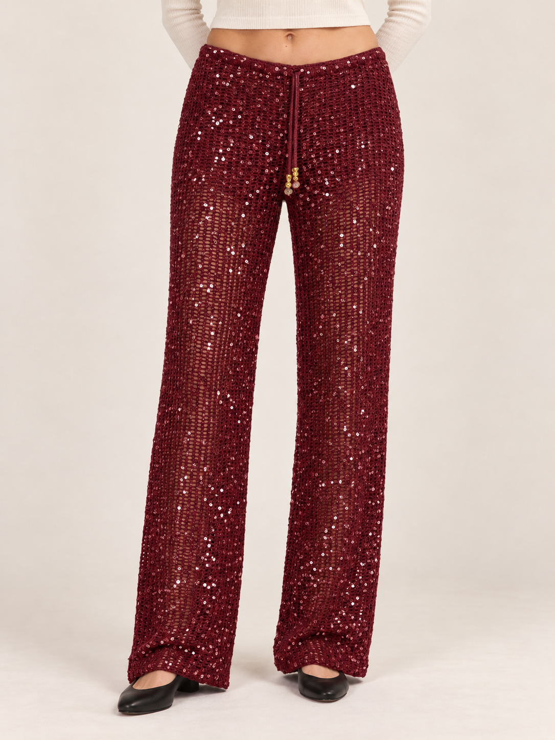 Women's Sequin Crochet Wide-Leg Trousers – Drawstring Waist
