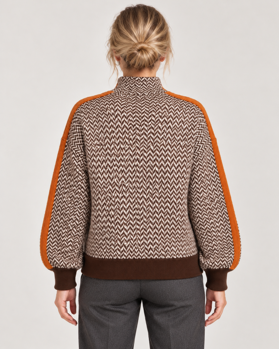 Women’s Roll-Neck Jumper – Herringbone Knit & Contrast Sleeve Stripes