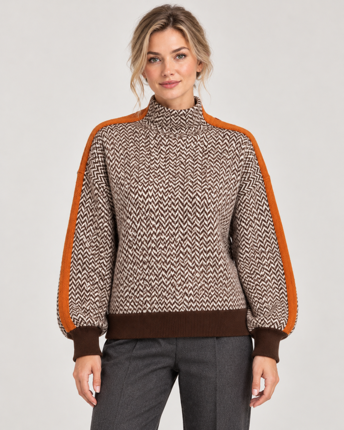 Women’s Roll-Neck Jumper – Herringbone Knit & Contrast Sleeve Stripes