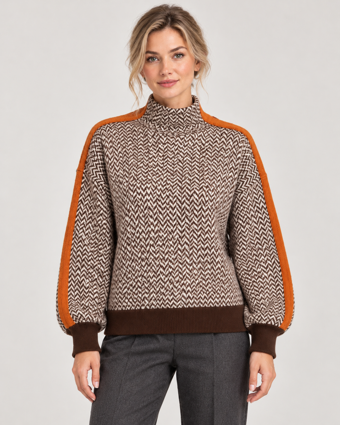 Women’s Roll-Neck Jumper – Herringbone Knit & Contrast Sleeve Stripes