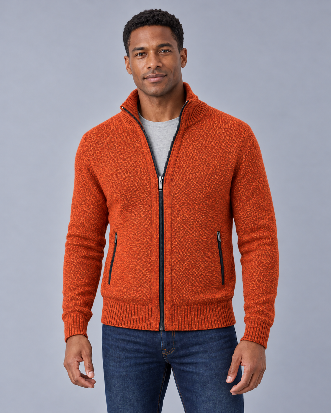 Men's Merino Wool Full-Zip Cardigan – Stand Collar & Zip Pockets