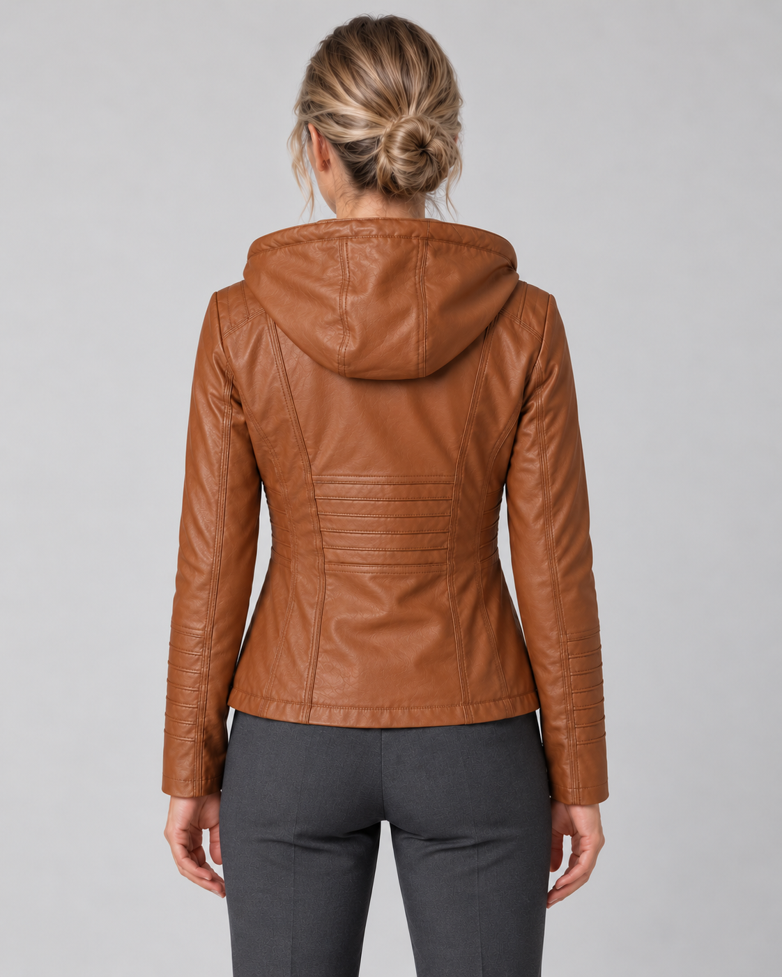 Women’s Faux Leather Jacket With Detachable Hood