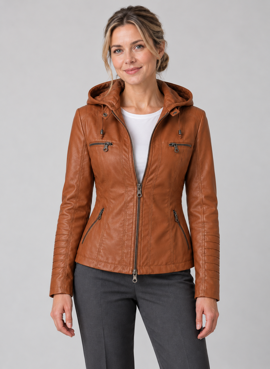 Women’s Faux Leather Jacket With Detachable Hood