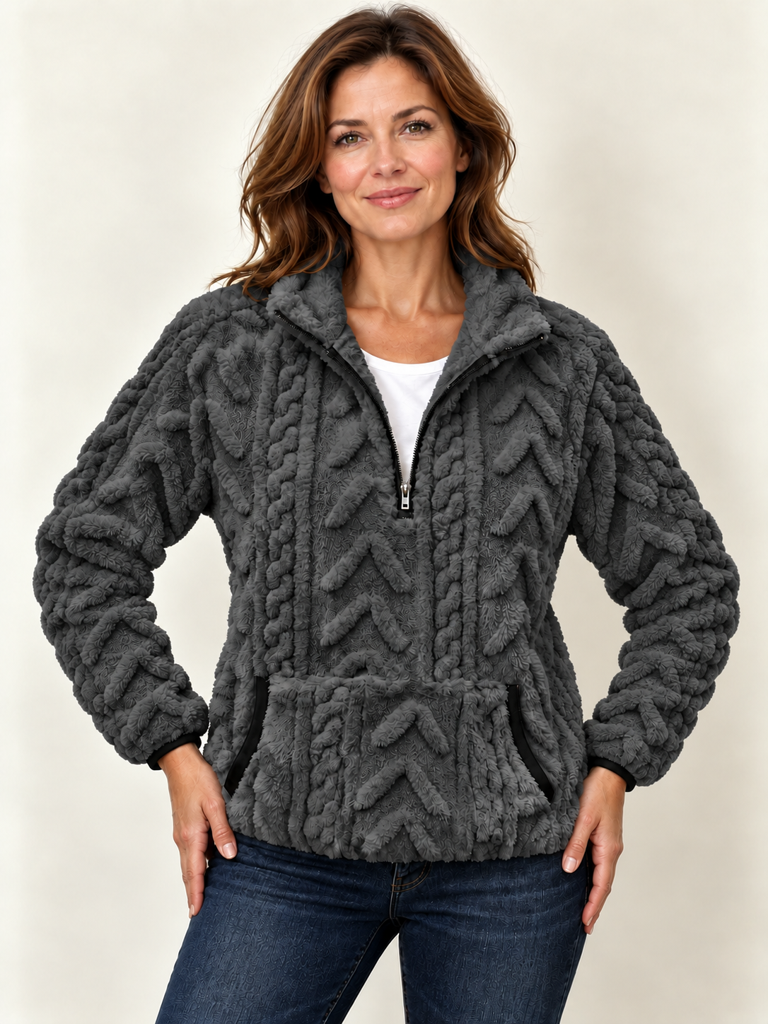Women’s Half-Zip Fleece Jumper – Textured & Kangaroo Pocket
