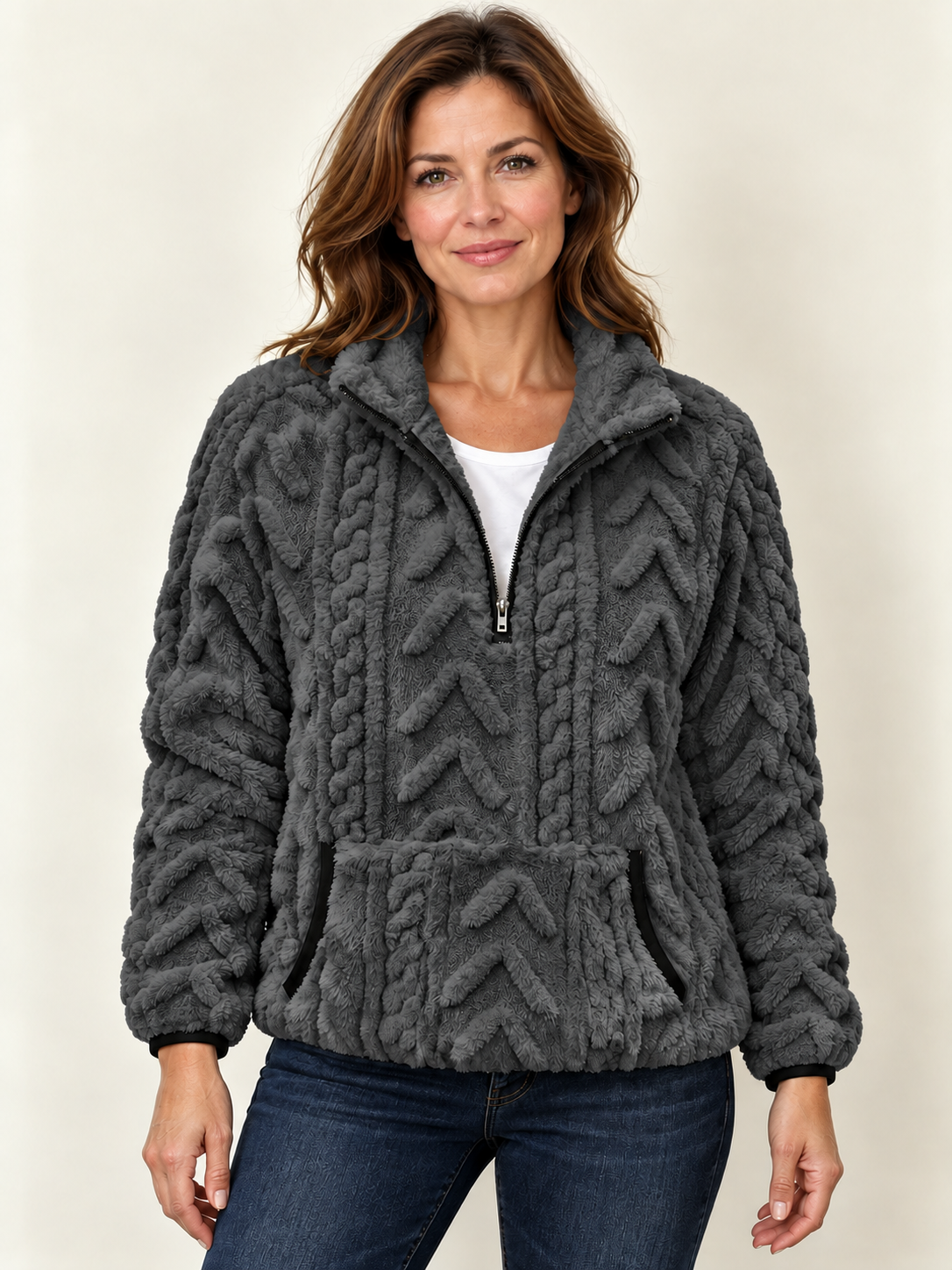 Women’s Half-Zip Fleece Jumper – Textured & Kangaroo Pocket