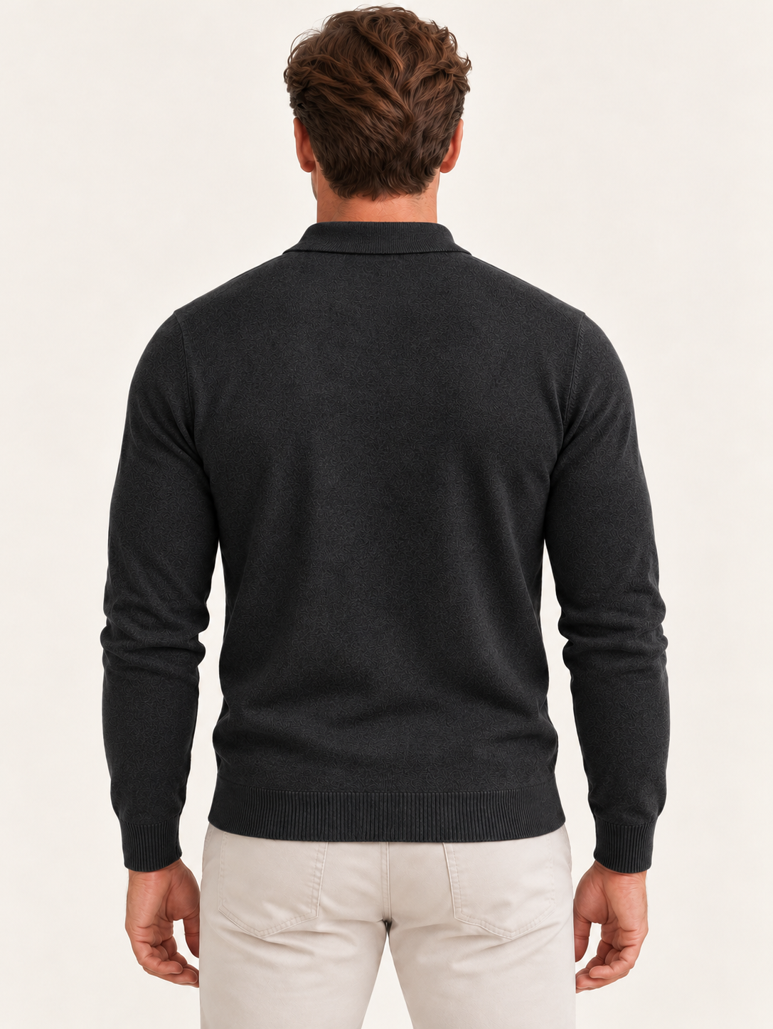 Men’s Long-Sleeve Knitted Polo Shirt – Button Placket & Ribbed Trims