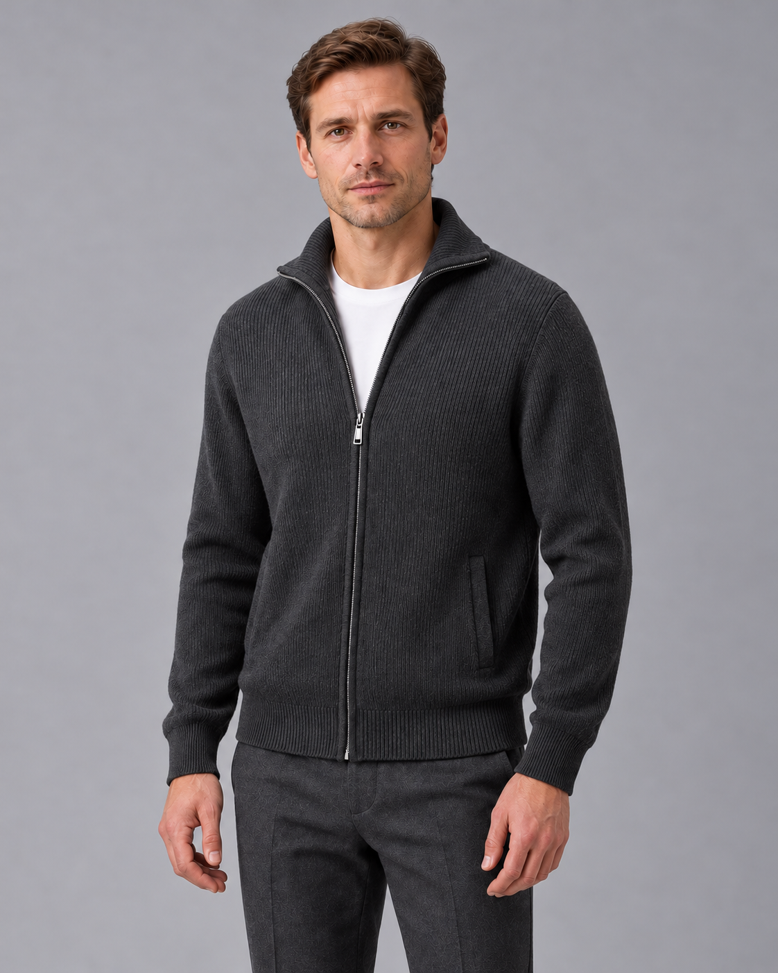 Men’s Cashmere Zip Cardigan – Rib Knit