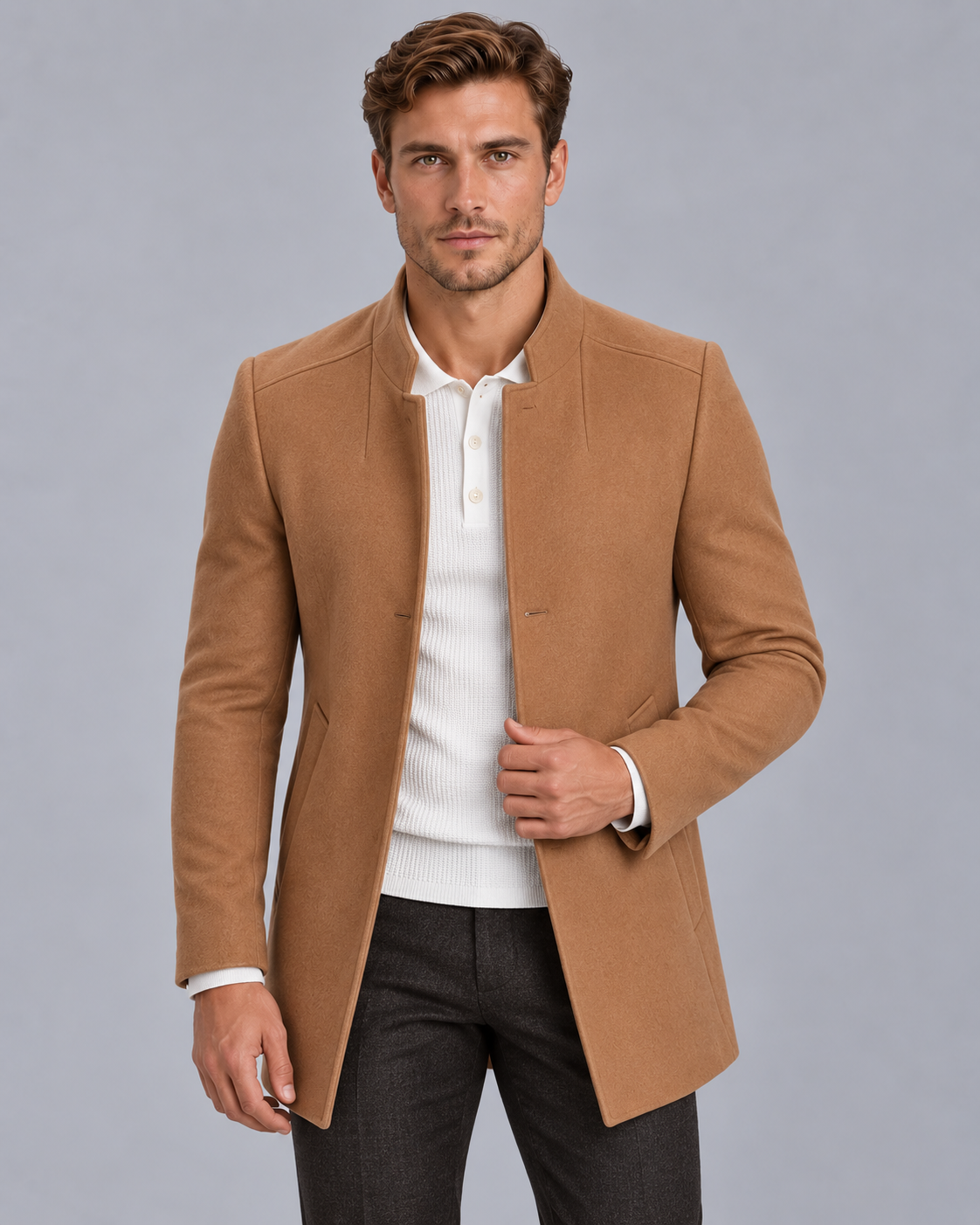 Men's Collarless Slim Fit Lightweight Overcoat Jacket
