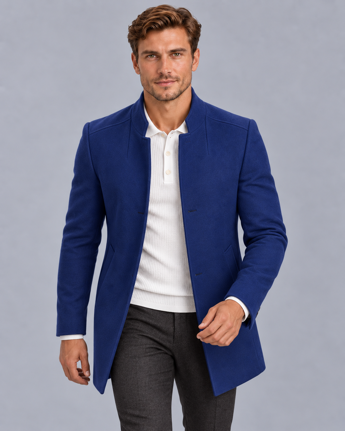 Men's Collarless Slim Fit Lightweight Overcoat Jacket