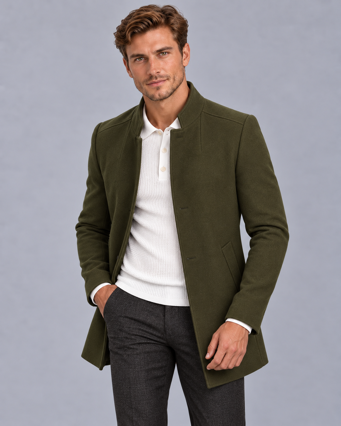 Men's Collarless Slim Fit Lightweight Overcoat Jacket
