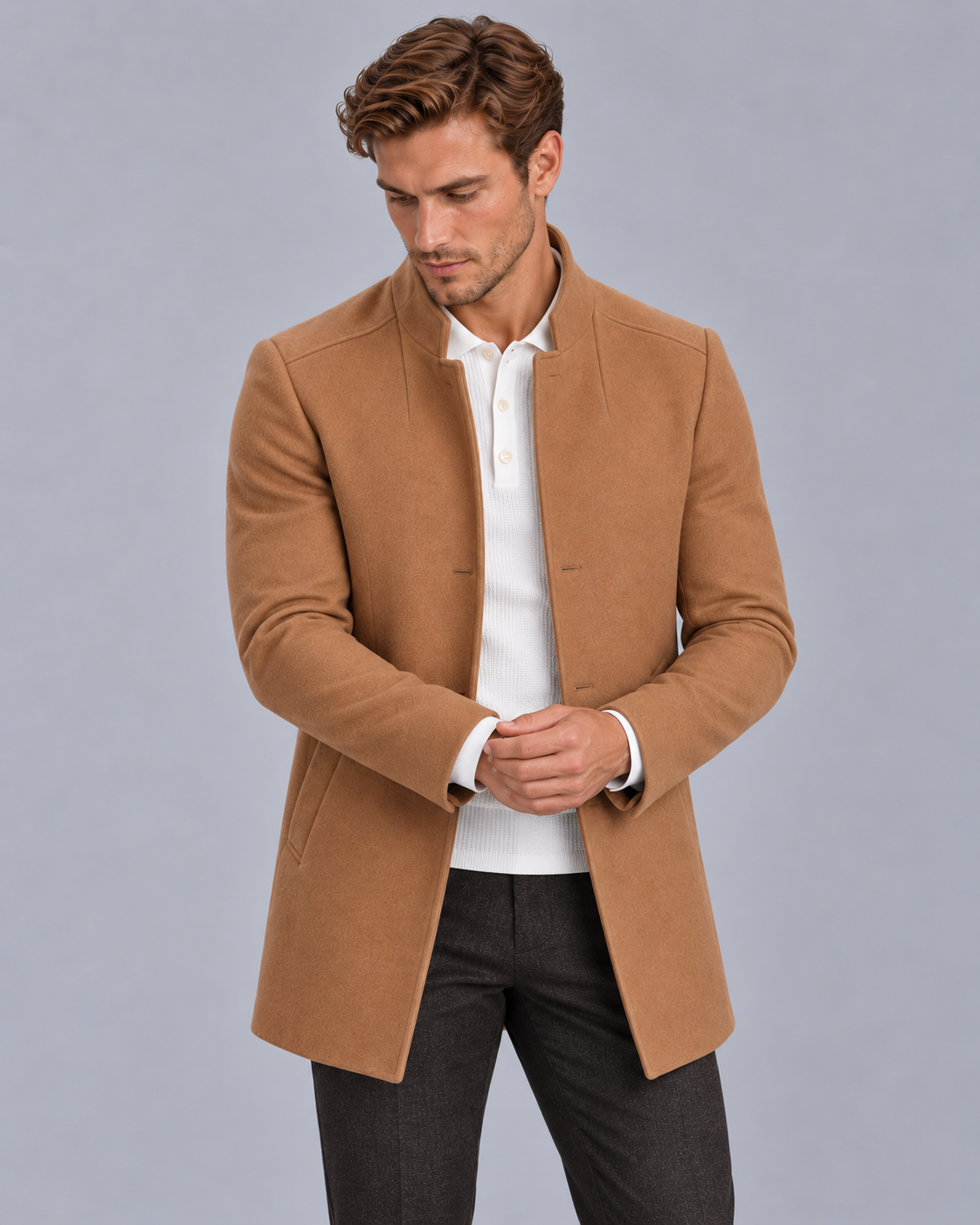 Men's Collarless Slim Fit Lightweight Overcoat Jacket