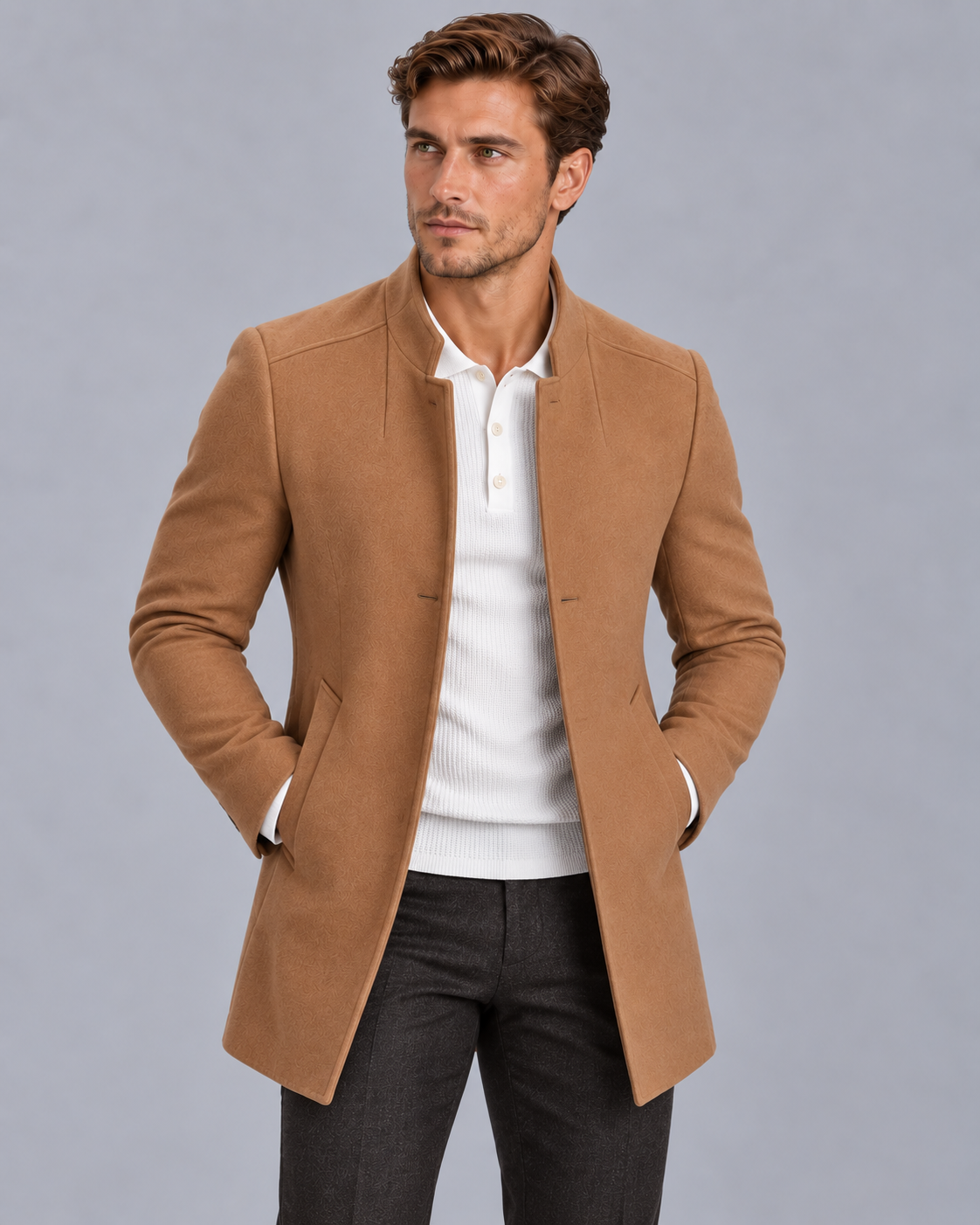 Men's Collarless Slim Fit Lightweight Overcoat Jacket