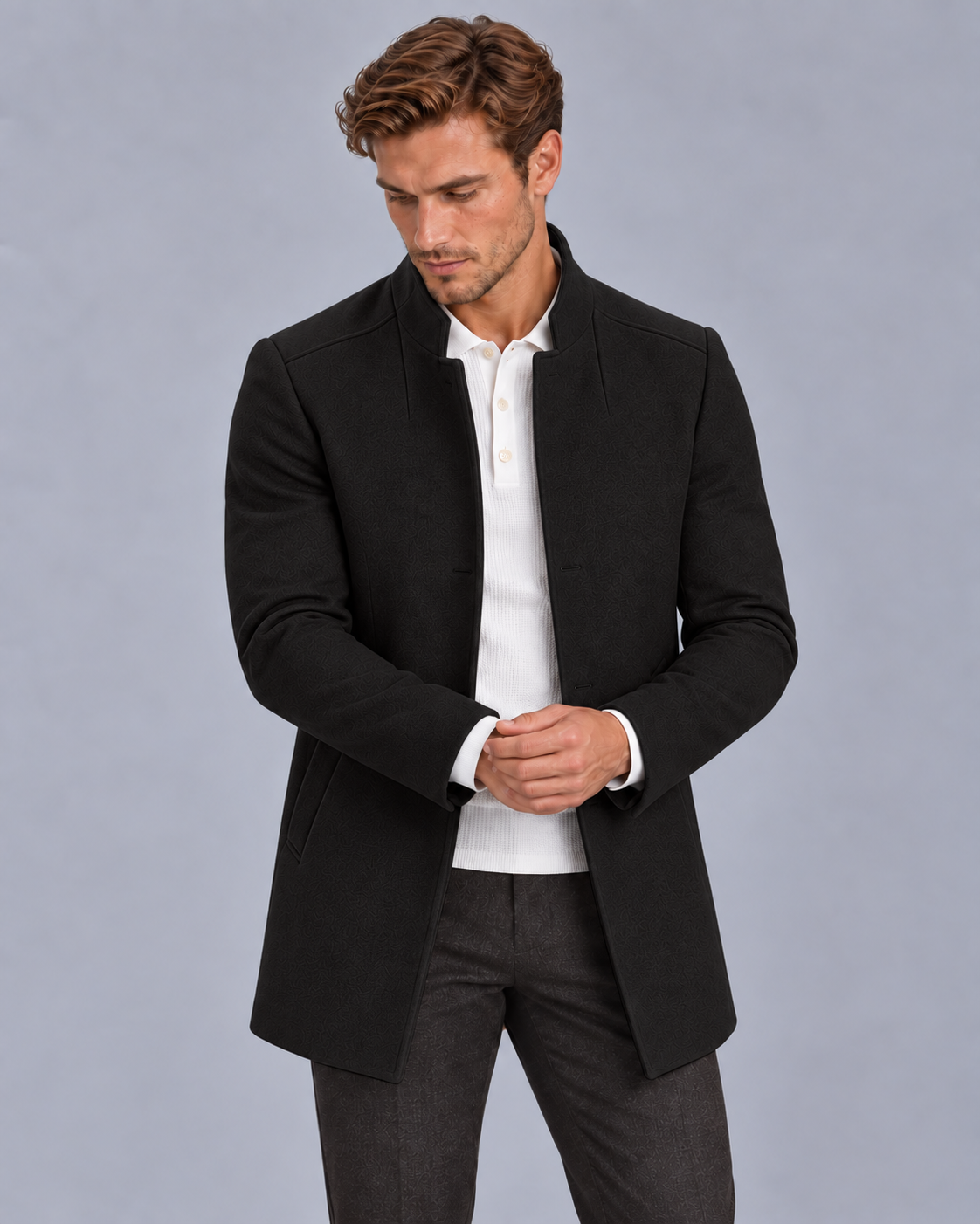 Men's Collarless Slim Fit Lightweight Overcoat Jacket