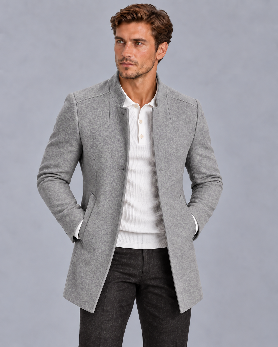 Men's Collarless Slim Fit Lightweight Overcoat Jacket