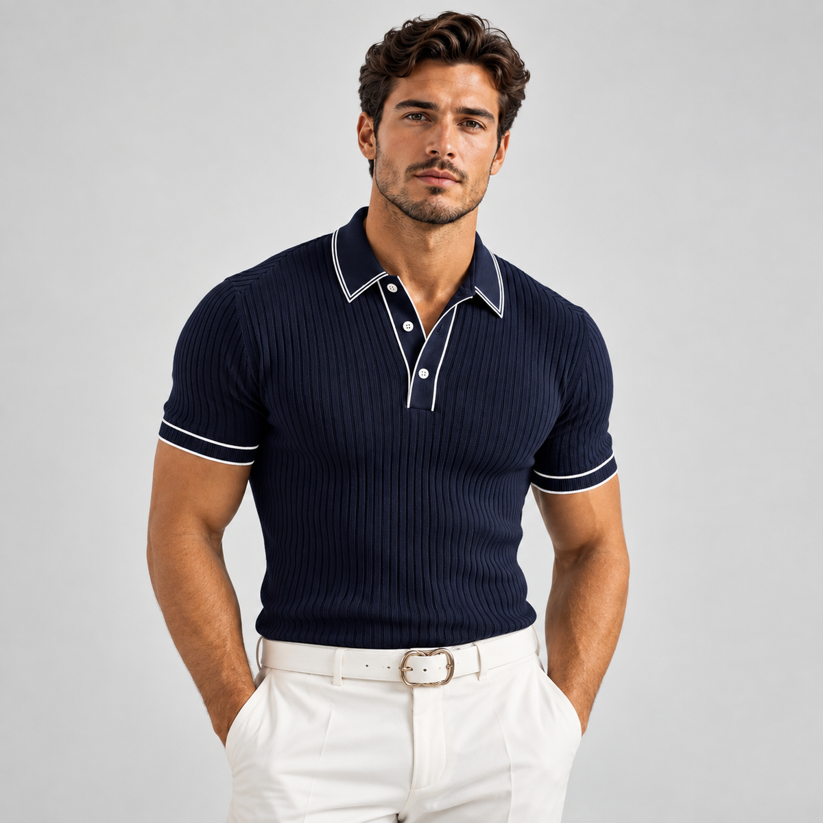 Men's Ribbed Knit Polo Shirt – Contrast Trim, Slim Fit